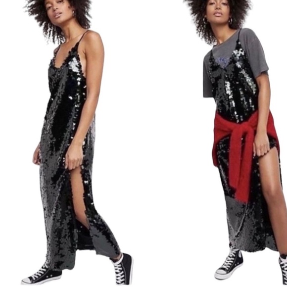 Intimately Free People Paillette Black Chunky Sequin
Midi Slip Dress XS NWOT - Picture 1 of 6